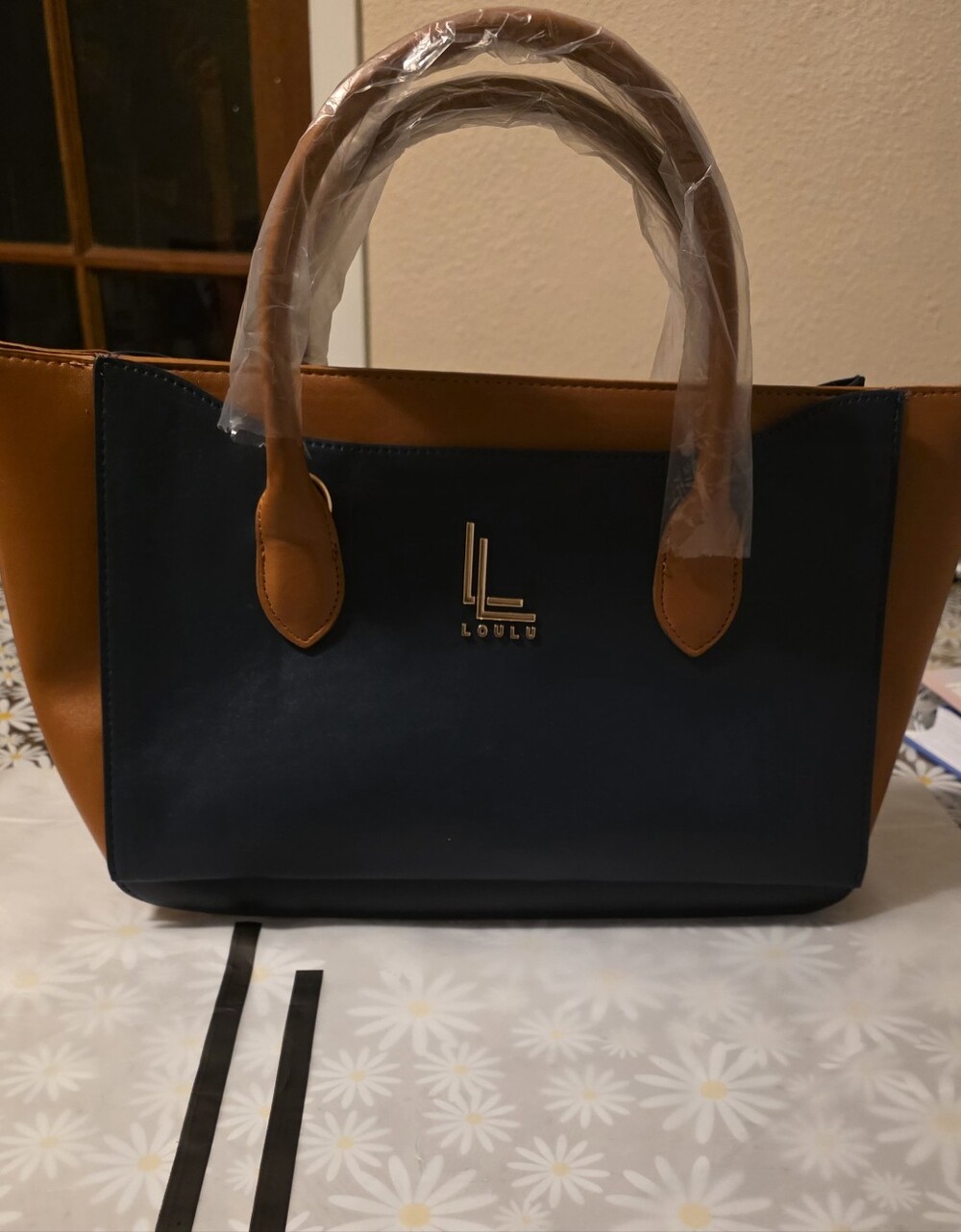 Loulu Navy and Tan Structured Satchel with Gold Logo
